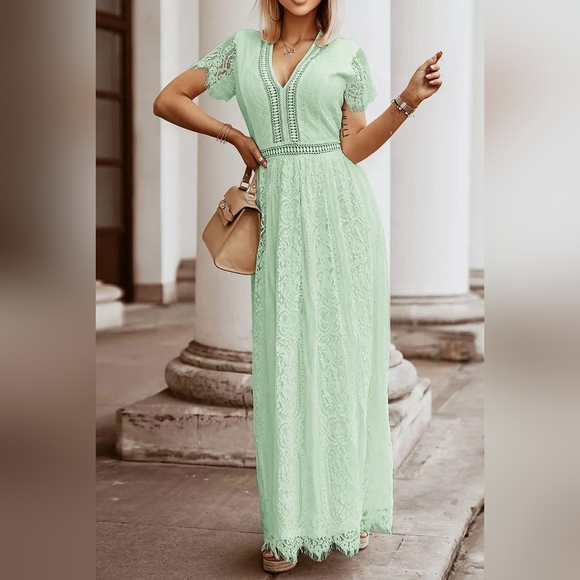 Women's V Neck Short Sleeve Floral Lace Dress - Mint - Medium - Picture 4 of 4